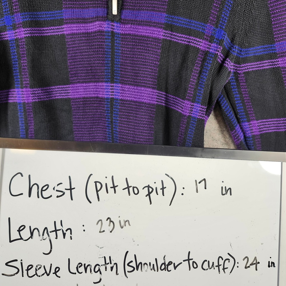 Lauren Ralph Lauren Women P/M Purple Black Plaid Quarter Zip Cotton Sweater - Picture 6 of 12